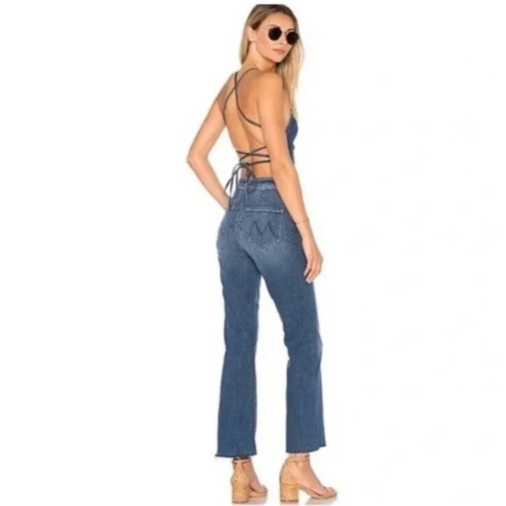 Mother The Tie Back Hustler Ankle Fray Jumpsuit Pardon My French Denim Size 30